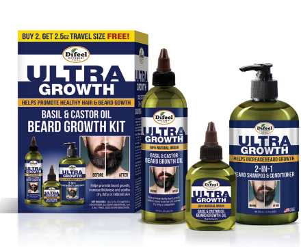 Mens Ultra Growth Beard Care Shampoo 12oz Basil Castor Oil 8oz Grow Oil 2.5 oz Kit