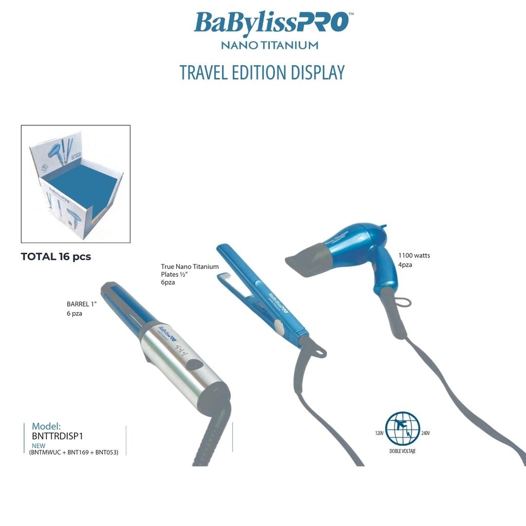 BaBylissPRO® DISPLAY DE 4 MINI BLOWER 1000W + 6 MINI PLANCHA NANO TITANIUM 1/2 + 6 MINI RIZADOR 1"